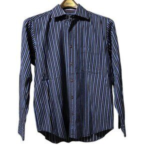 Bugatchi‎ Button Down Shirt Flip Cuff Striped Blue Mens Size Measured Classic